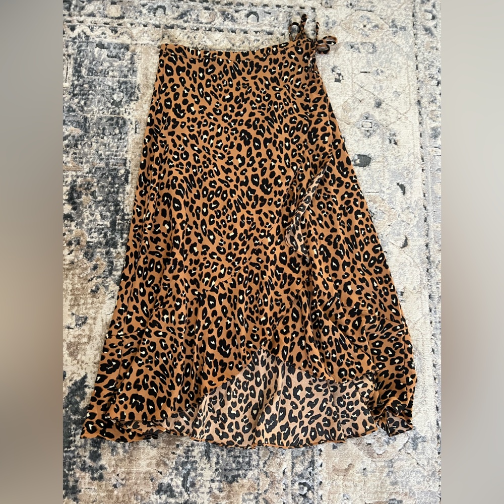 Size S; brown animal print wrap midi skirt (button and tie at waist)